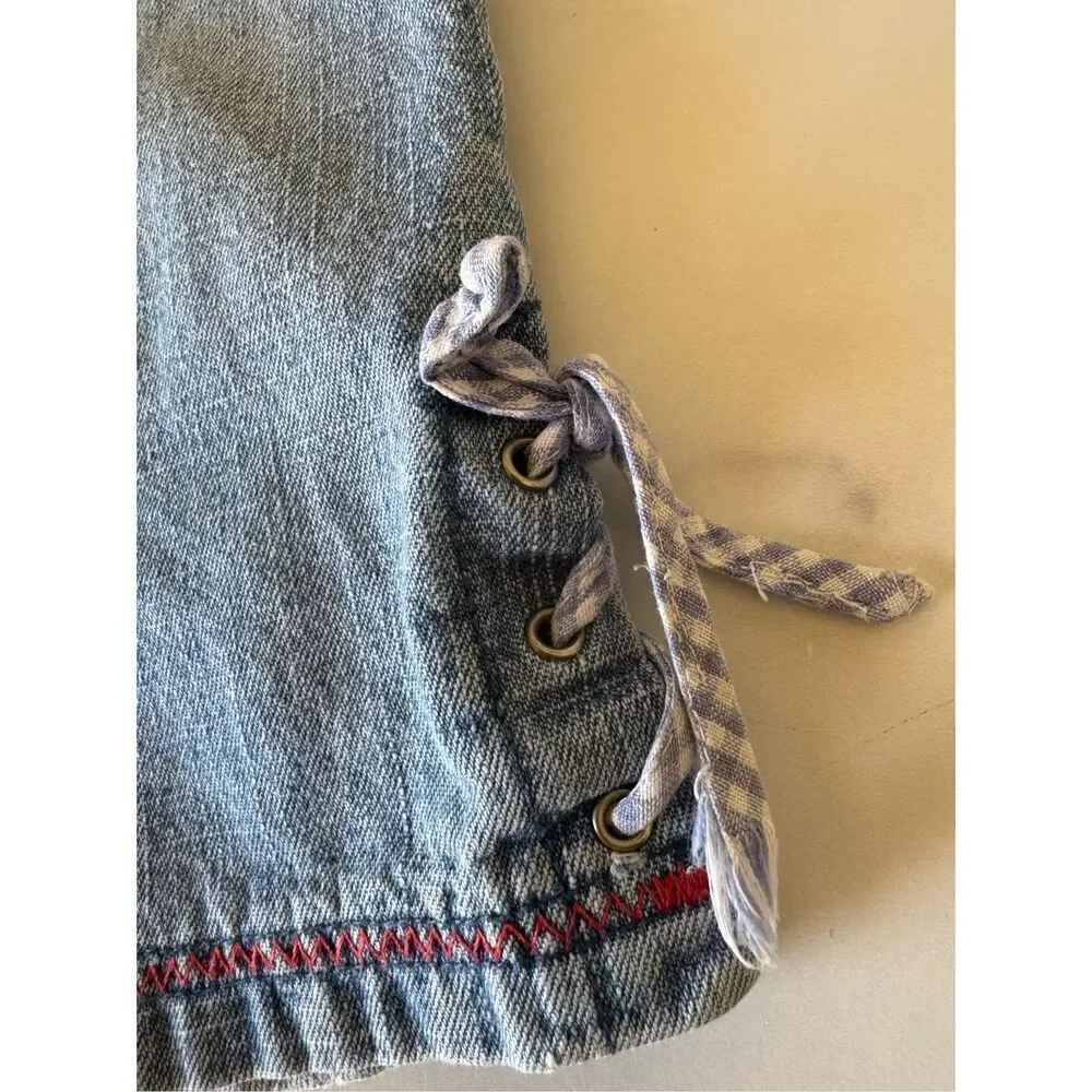 Girls toddler 2T flared light blue jean denim cross cross plaid belt y2k 100% co